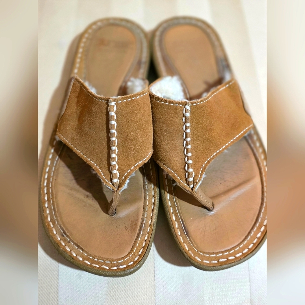 UGG Brown Suede Thong Sandals with White Stitching